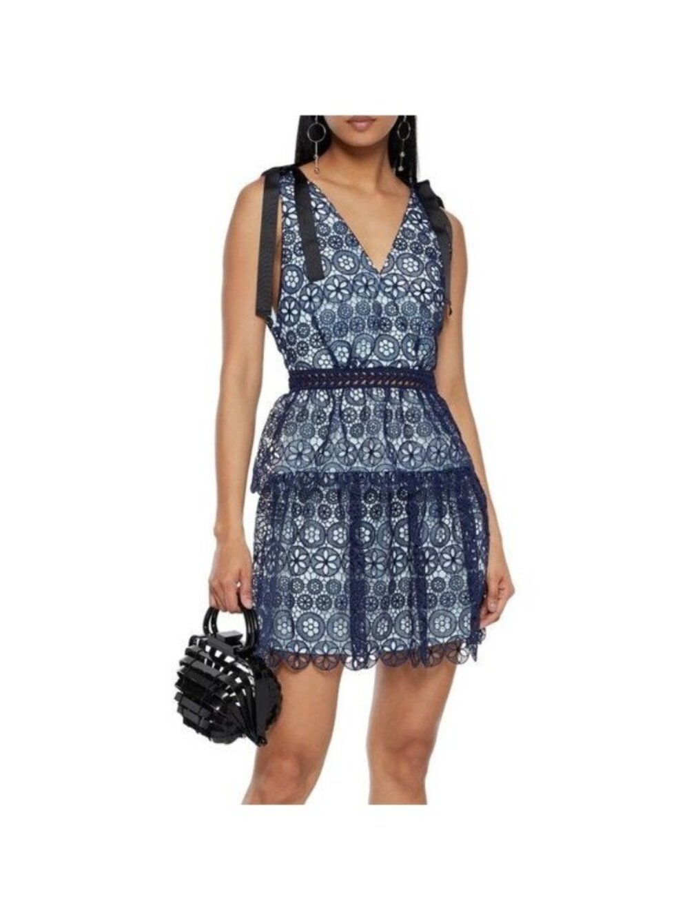 Self-Portrait Navy Floral Lace Mini Dress With Ribbon Tie Straps UK 8 US 4 SP18-